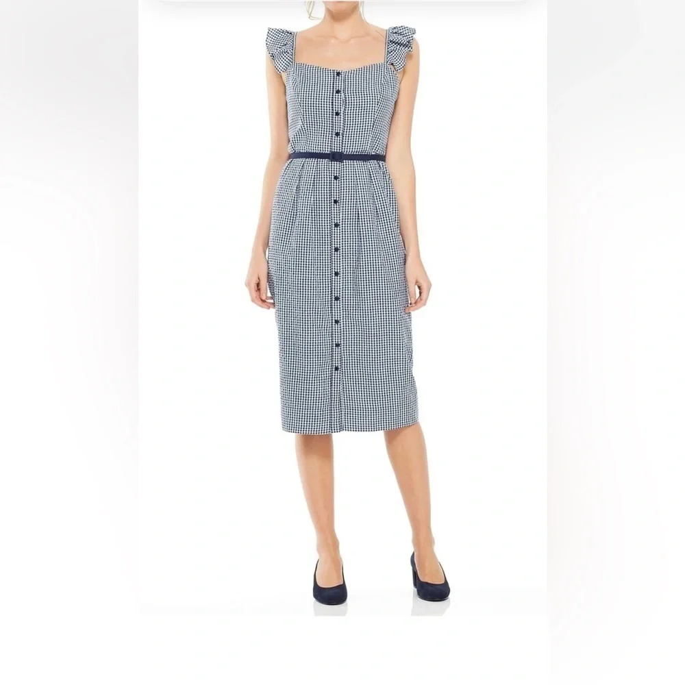 Gal Meets Glam Retro Blue Gingham Ruffle Carly Belted Sheath Midi Dress